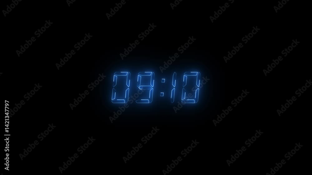 Glowing neon 10 minutes countdown timer animation, digital clock, 4k UHD