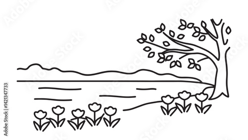 Tranquil riverbank with a lush tree and vibrant flowers, enhancing the beauty of the natural landscape line art flat vector illustration