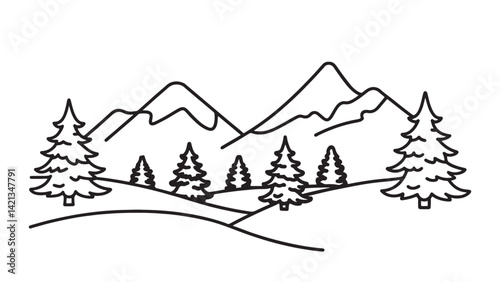  Tranquil winter scene featuring snow-laden trees and majestic mountains in the background line art flat vector illustration