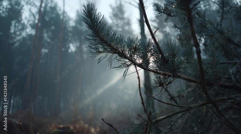 Obraz premium Sunbeams pierce misty forest