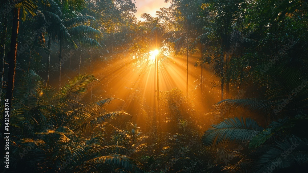 Fototapeta premium Sunbeams in a lush forest