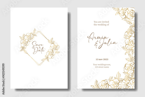 Elegant and luxurious golden rose floral wedding invitation