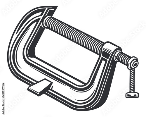 Detailed Line Art Illustration of a Metal C-Clamp Tool
