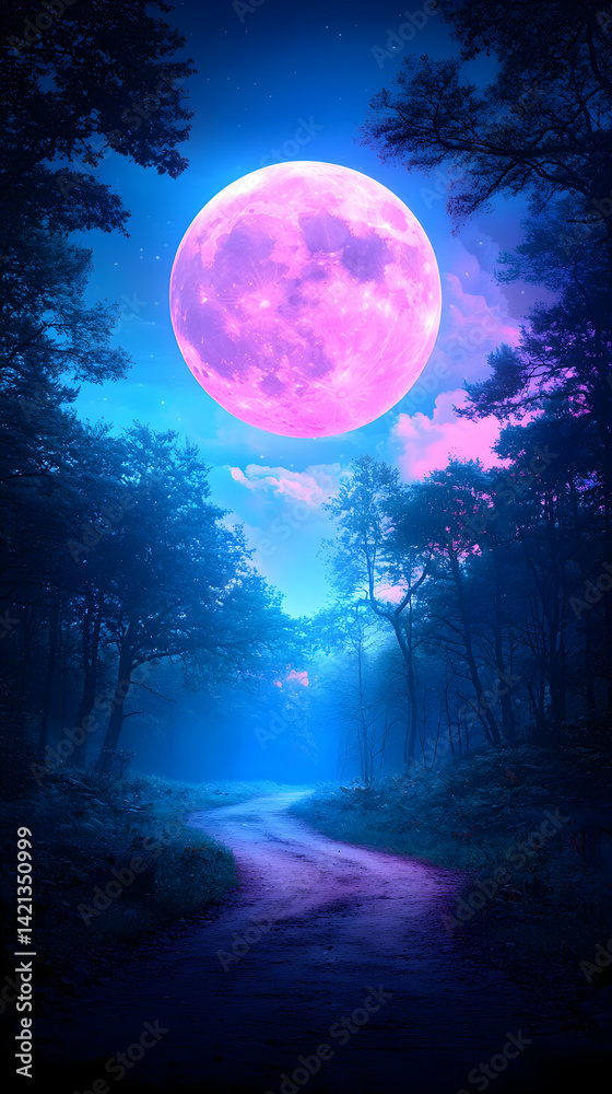 Fototapeta premium Pink Moonlit Path Through a Night Forest