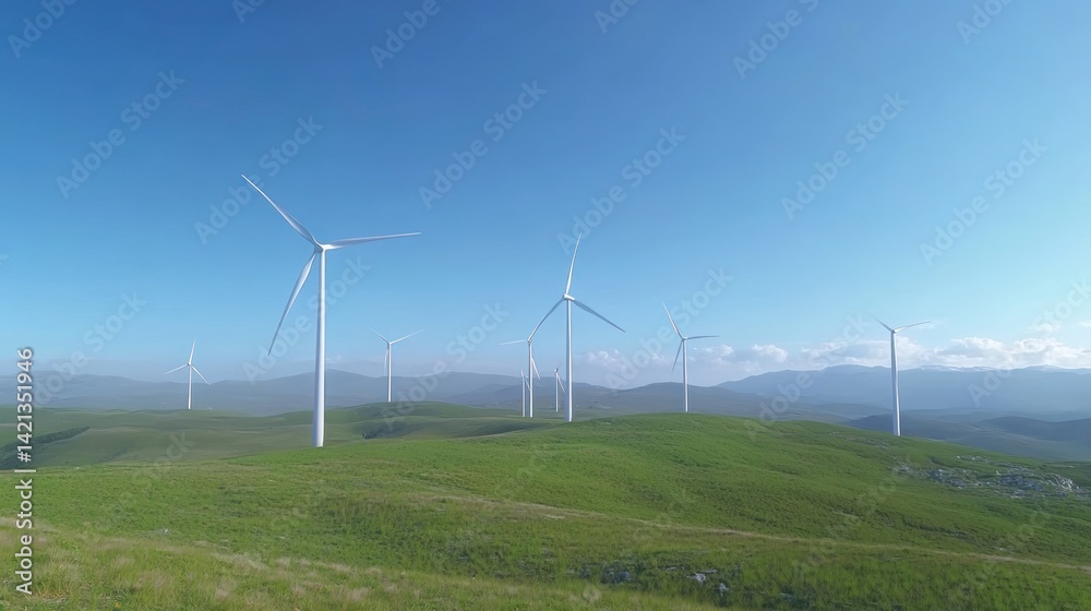 Serene Wind Farm on Rolling Hills under a Clear Blue Sky: Eco-Friendly Energy Production in a Picturesque Landscape