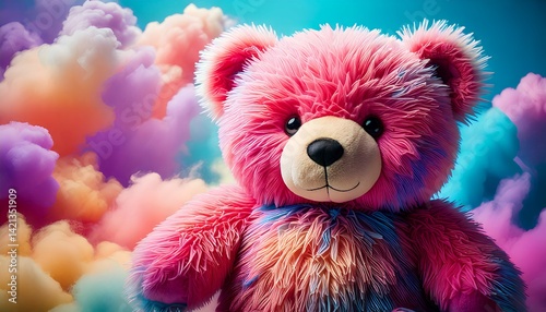 A vibrant rainbow teddy bear magically posed amidst colorful pastel clouds soft lighting dreamy feel photo