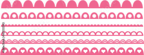 Set of  pink scallop borders. Horizontal pattern frame with hearts and flowers. Vector ribbon edge girly elements.
