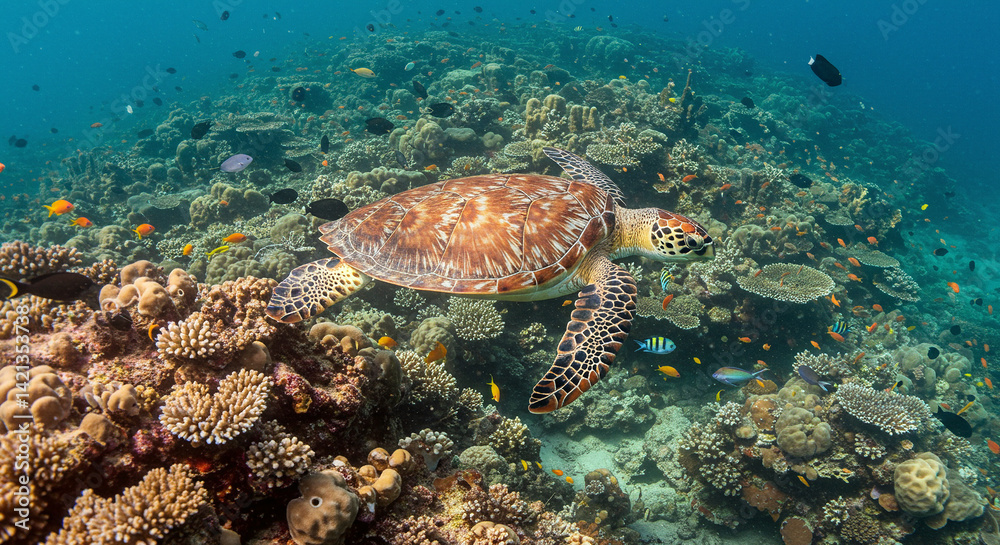 Fototapeta premium Sea Turtle Swimming Over Coral Reef Underwater Habitat