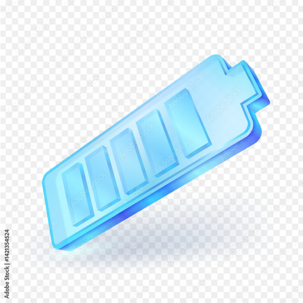 3d transparent glass material battery icon with full charge level. Suitable for UI design, mobile application, energy and power related concept. isolated vector on transparent background.