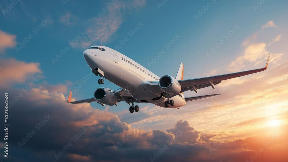 Civilian aircraft flying over the sky at sunset, Airplane flies in sky at sunset day. Travel. Airplane takes off against the background of sunset. Ultra HD 4K. Civilian aircraft flying over the sky at sunset, Airplane flies in sky at sunset day. Travel. Airplane takes off against the background of sunset. Ultra HD 4K.