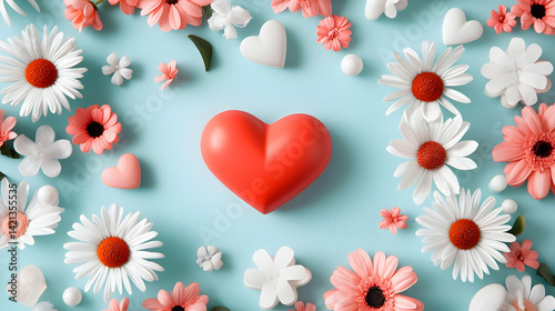 Red Heart with Pastel Flowers on Blue Background