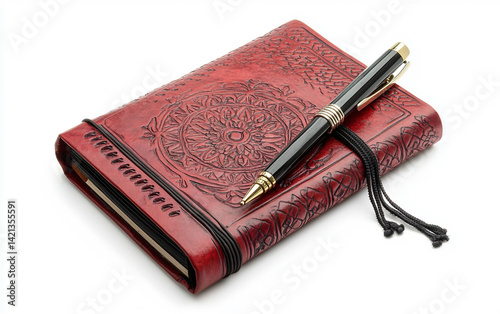 Artistic Leather Journal with a Unique Pattern Isolated On White Background.