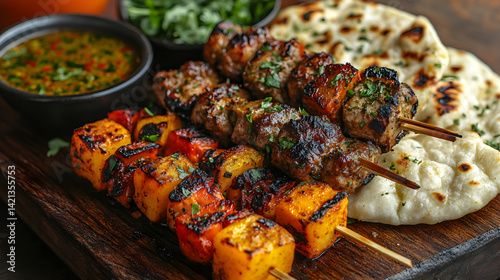 Flatlay of a street food scene with skewered kebabs, roasted vegetables, and a side of garlic sauce, placed on a rustic wooden table with a few naan bread slices and fresh herbs