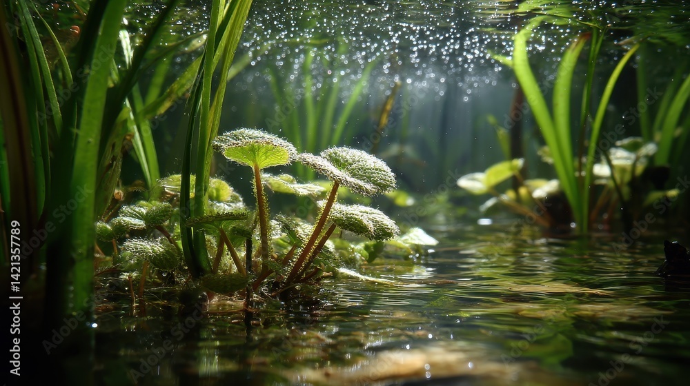 5. A hidden ecosystem of tiny aquatic life in a pristine pond, with microscopic organisms visible under the water's surface among aquatic plants 5. A hidden ecosystem of tiny aquatic life in a pristine pond, with microscopic organisms visible under the water's surface among aquatic plants