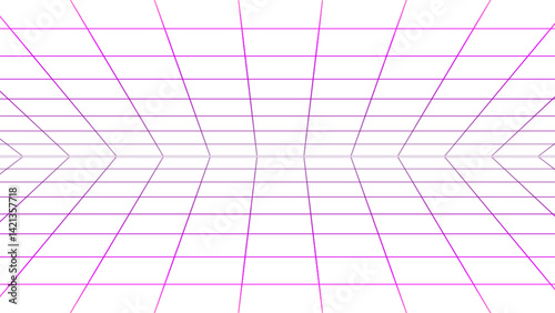 Retro-futuristic abstract with a vibrant purple neon grid on a white background. Perspective view, modern and energetic design.