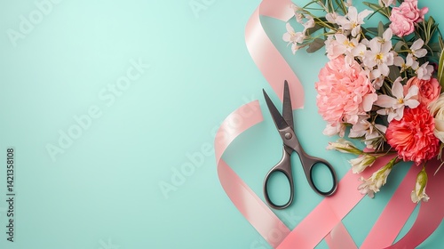 A beautiful arrangement of flowers with pink ribbon and scissors on a mint green background, perfect for crafting.