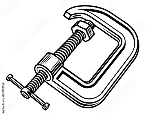 Detailed Line Art Illustration of a Metal C-Clamp Tool
