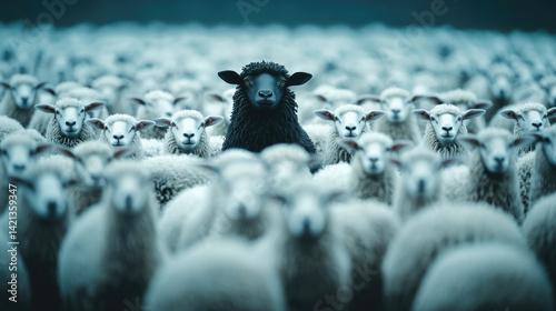striking image of flock of white sheep with one distinct black sheep standing out in center, creating captivating contrast. scene evokes feelings of uniqueness and individuality amidst uniformity