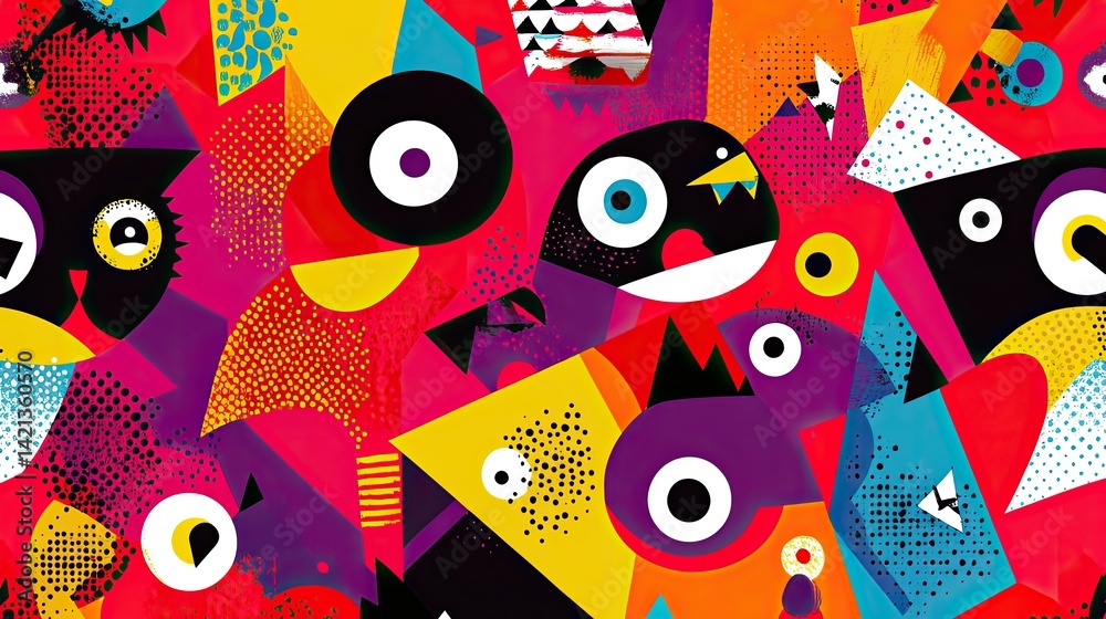 Naklejka premium Abstract Colorful Monster Faces Geometric Design Pattern Bright Vivid Illustrative Artwork