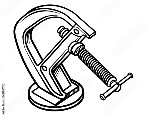 Detailed Line Art Illustration of a Metal C-Clamp Tool