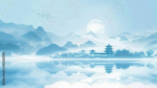 A serene landscape featuring a traditional pavilion by a calm lake with mountains in the background and birds flying overhead
