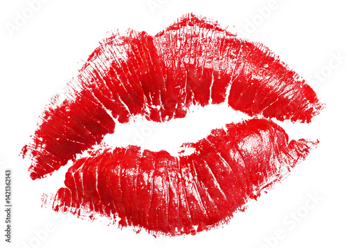 Red lipstick kiss imprint on white background, isolated on transparent cutout background