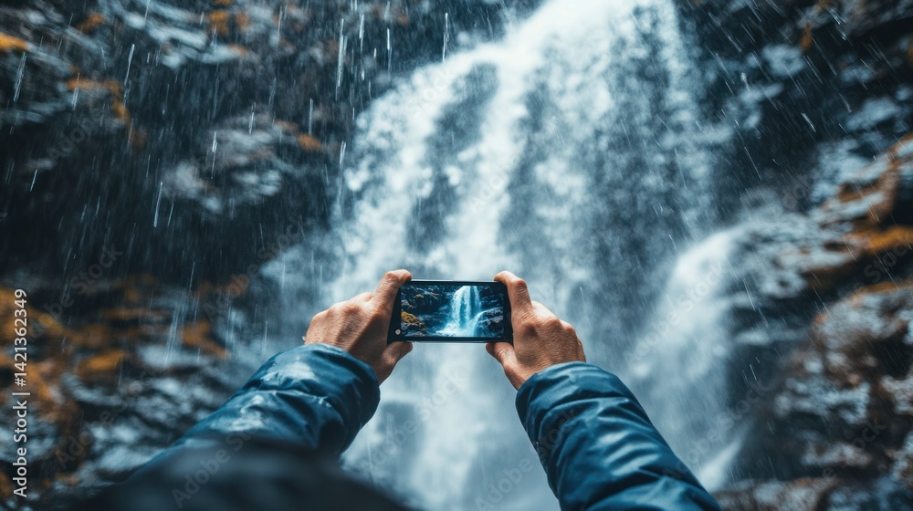 Fototapeta premium A traveler taking a photo of a majestic waterfall in Iceland, powerful water flow, dramatic landscape, natural beauty, 