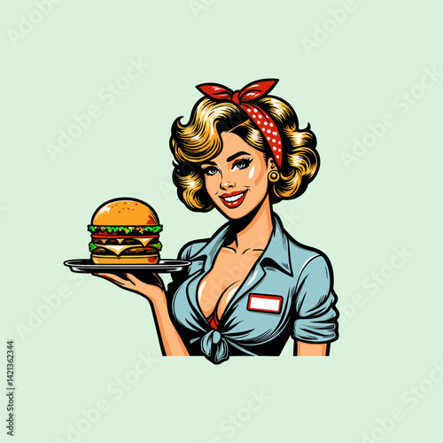 pinup girl waitress hold tray of burger
