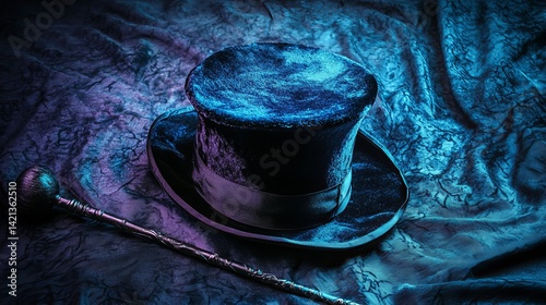 A mysterious black magician's hat and wand resting on a dark, textured fabric, illuminated with deep blue tones.