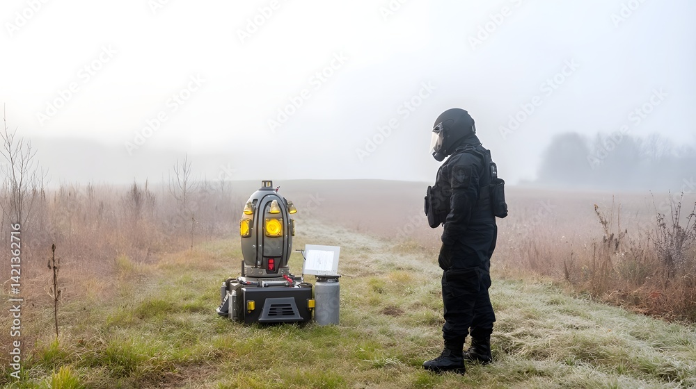 Obraz premium A bomb disposal specialist wearing protective gear stands beside a deactivation robot in a foggy grassy field likely conducting an investigation or related to hazardous devices