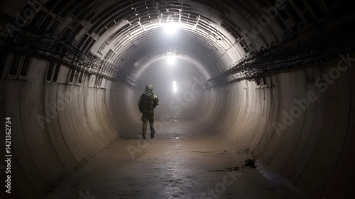 A bomb disposal worker in uniform cautiously navigates a long dark and silent subway tunnel their flashlight beam cutting through the enveloping shadows