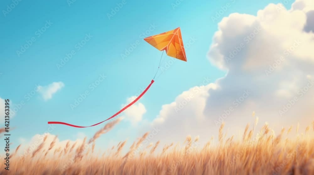 Colorful kite flying high in the blue sky