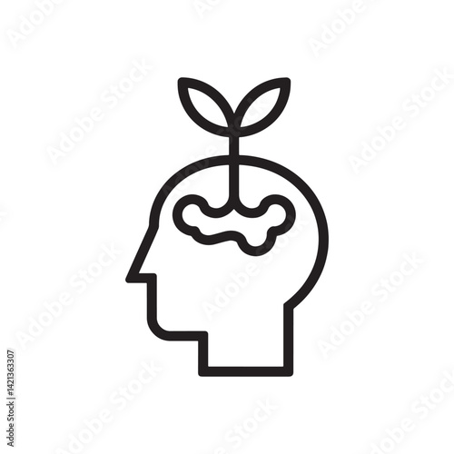 Black Human Head Profile Icon with Brain and Growing Plant Inside Representing Knowledge Expansion, Personal Development, and Mental Editable Vector Illustration Isolated on a White Background