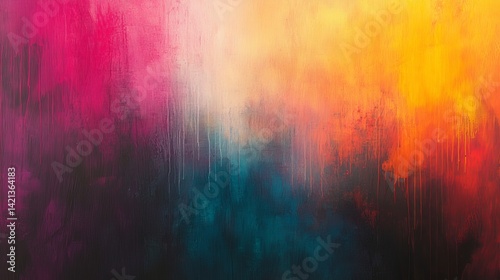A stunning abstract painting featuring vibrant hues of pink, orange, and blue, creating a dynamic color blend.