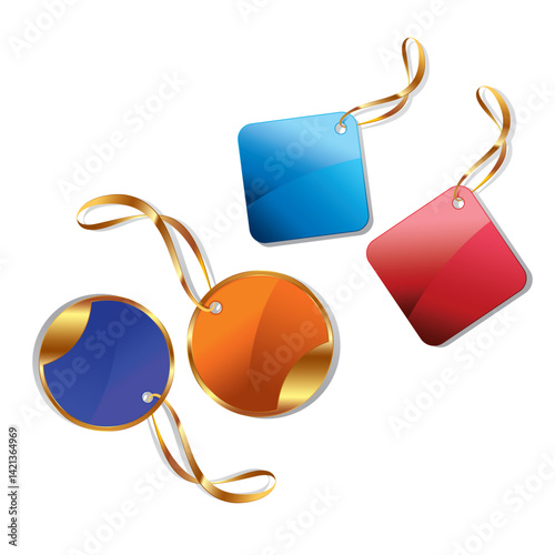 A vibrant set of square and round hanging tags in multiple color. Each tag has a glossy finish with elegant golden ribbon perfect for gifts or branding.
