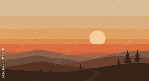 A lone traveler walks across a sunset horizon framed by hills and trees