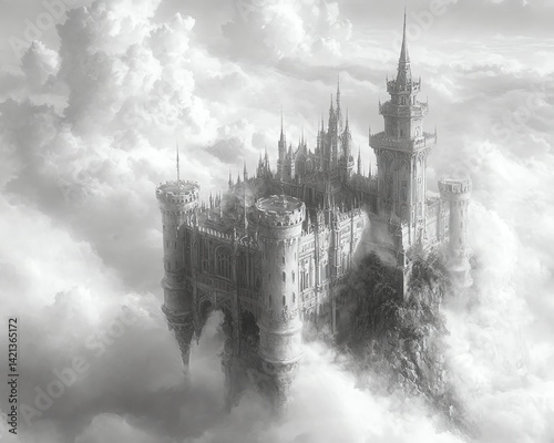 A majestic, cloud-top castle, fantasy architecture, grayscale image.