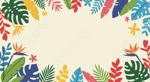A lush floral border frames a cream space adorned with vibrant tropical leaves  blossoms