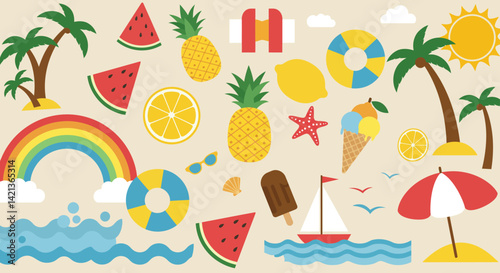 A vibrant summer scene featuring beach elements fruits ice cream sailboat palm trees and a rainbow