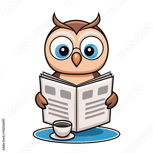 Cute owl reading newspaper with coffee