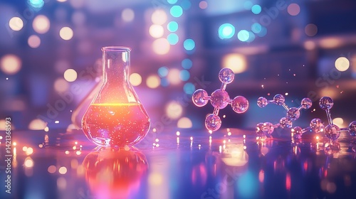 A colorful glass flask filled with a glowing liquid, surrounded by molecular structures, creating a vibrant scientific atmosphere.
