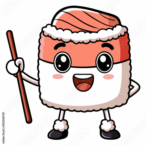 Adorable sushi roll with a smiling face held up by chopsticks – perfect for kawaii and food-themed designs