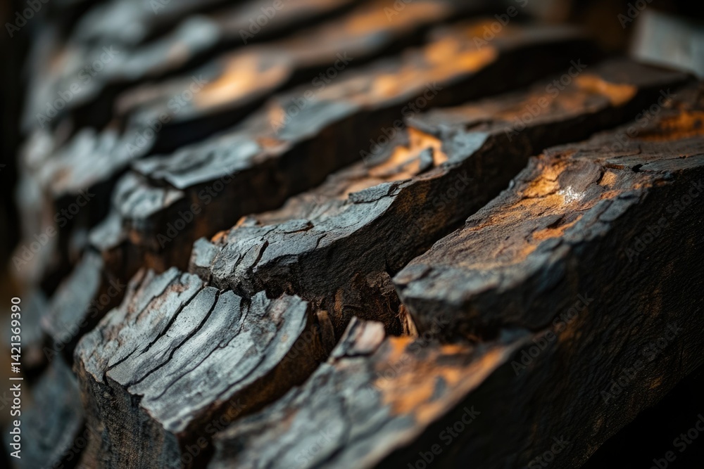Close-up view of charred wood, showcasing the texture and details of the burnt surface. Close-up view of charred wood, showcasing the texture and details of the burnt surface.