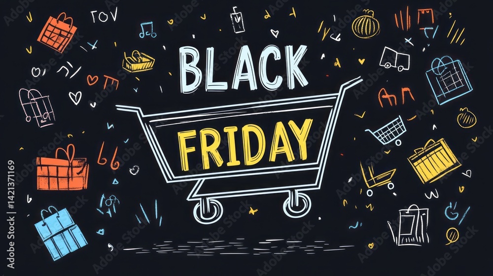 Naklejka premium Black friday text within a shopping cart surrounded by doodles