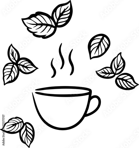 steaming cup surrounded by fresh leaves evokes sense of warmth and comfort