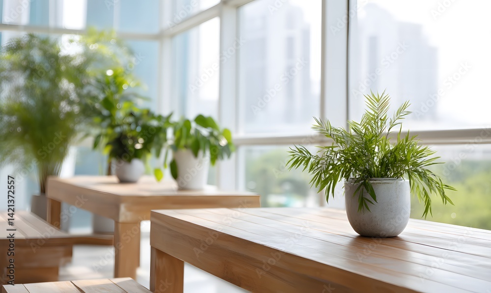 Blur background of office interior with large windows with city urban view, Generative AI Blur background of office interior with large windows with city urban view, Generative AI