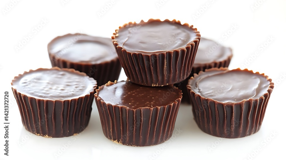 A stack of six chocolate peanut butter cups on a white surface A stack of six chocolate peanut butter cups on a white surface