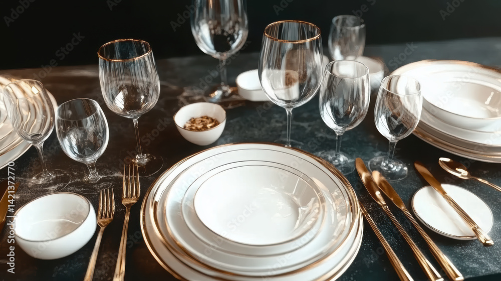 Elegant table setting with fine china plates, crystal glassware, and gold accented cutlery, creating luxurious dining experience perfect for special occasions Elegant table setting with fine china plates, crystal glassware, and gold accented cutlery, creating luxurious dining experience perfect for special occasions