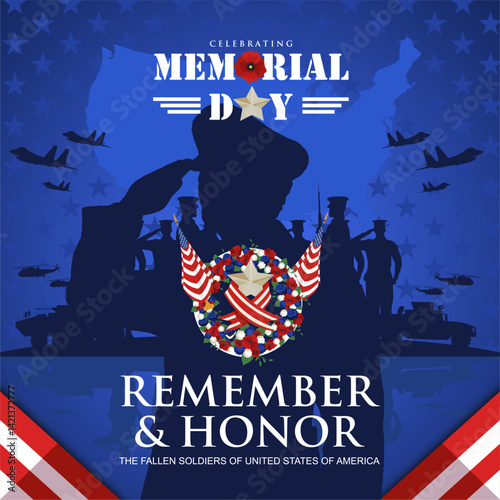 Patriotic Memorial Day 2025 with U.S military tribute silhouette and U.S map to remember and honor fallen soldiers. Best for memorial day 2025 greeting in U.S Armed Force and Veterans
