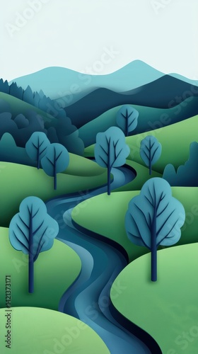 Serene Papercut Landscape: River Winding Through Lush Green Hills and Blue Mountains